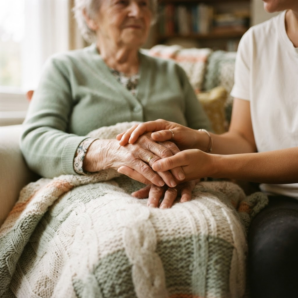 A caregiver gently supporting an elderly client at home