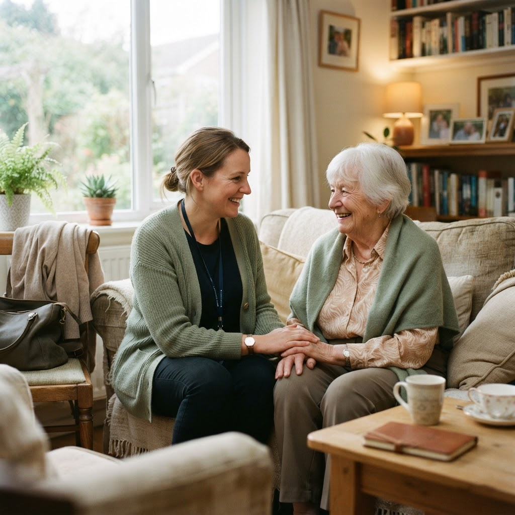 A home caregiver smiling warmly with an elderly woman in a bright living room